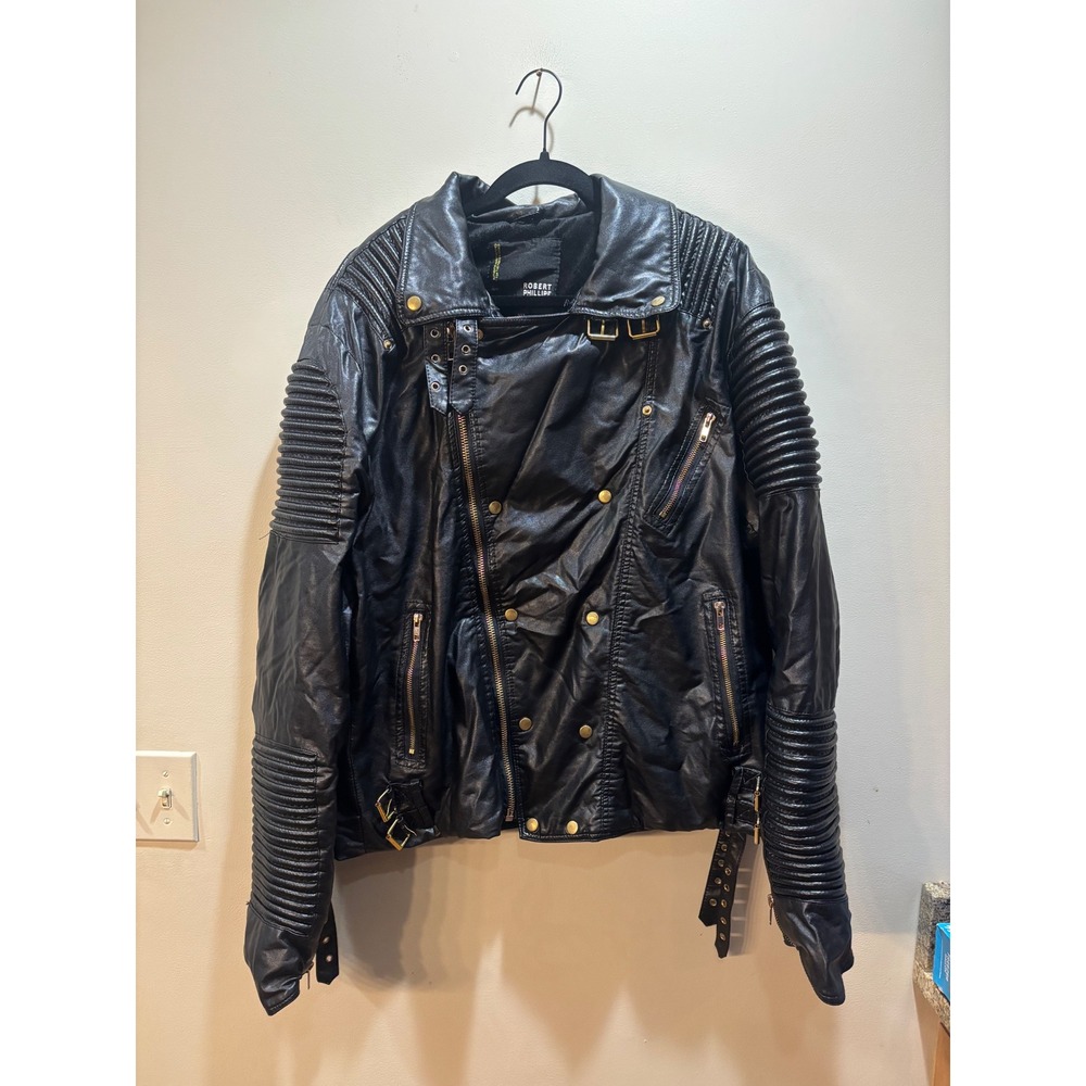 Robert Phillipe Womes Black Faux Leather Moto Biker‎ Jacket Faux Fur Lined 3XL